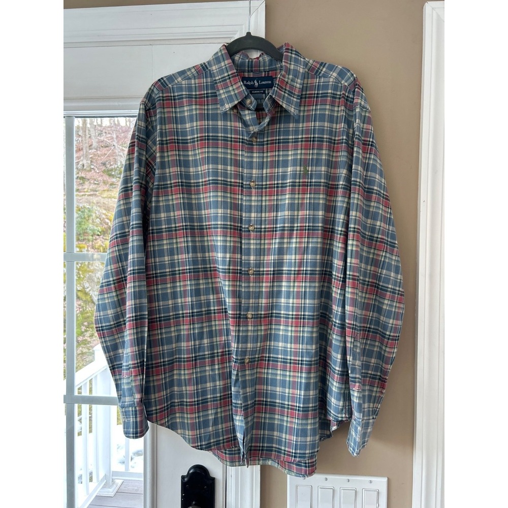 EUC Polo Ralph Lauren Blue Pink Plaid Twill Shirt XL Classic Fit Button Down